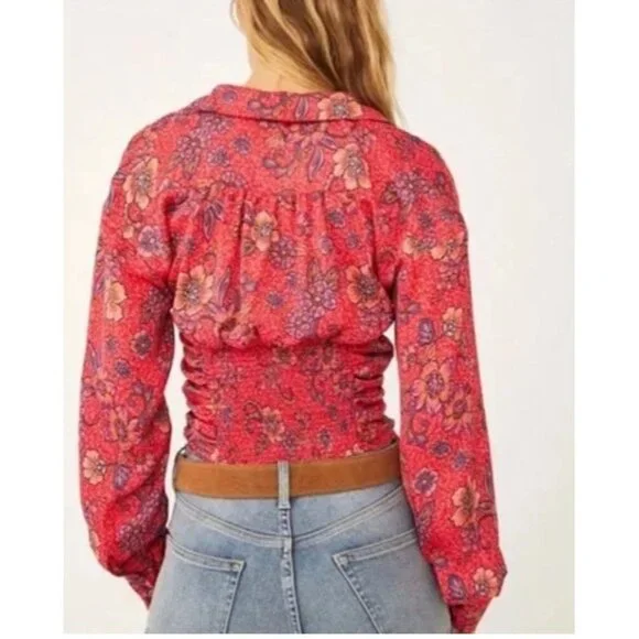 FREE PEOPLE I Got You Printed Floral Smocked Crop Top Red Long Sleeve XSmall - Picture 7 of 11